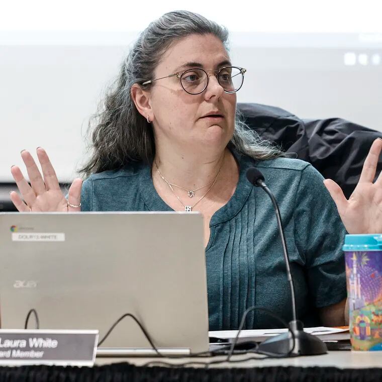Perkiomen Valley school board president Laura White, pictured during a February meeting, said this week that the board "came to a consensus" that the library policy is "what was appropriate for our school district.”