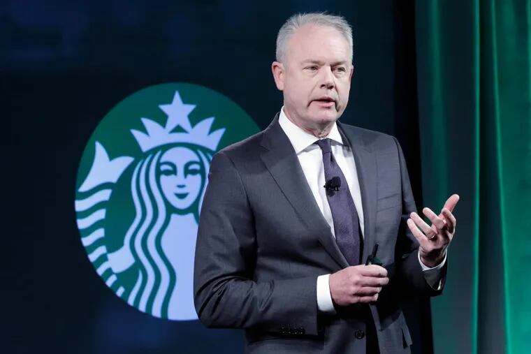 After two black men were arrested at a Philadelphia Starbucks store last week, CEO Kevin Johnson, pictured here, said the company will review what happened and train workers on unconscious bias.