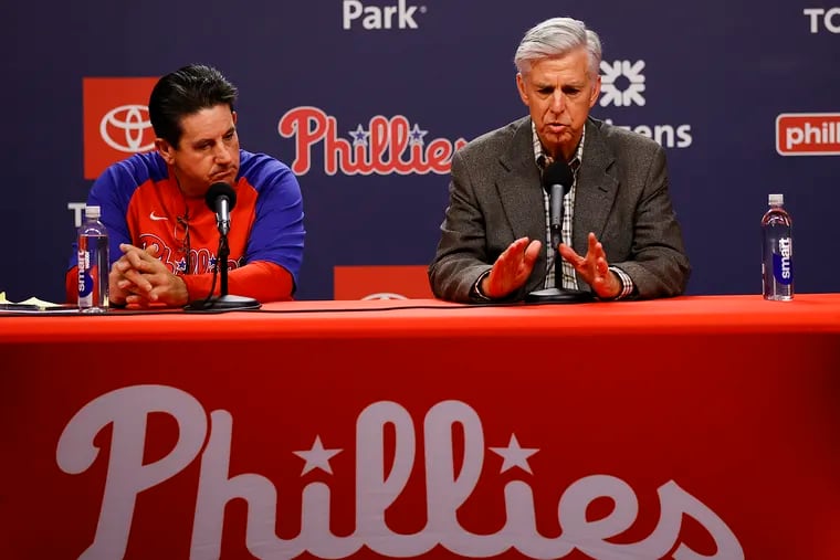 Phillies president of baseball operations Dave Dombrowski, right, answers a question next to interim manager Rob Thomson during a news conference on Friday.