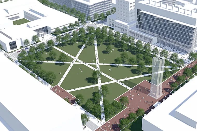 In its master plan, Temple University envisions creating a new green space, the size of city block that will be bordered to the west by a new library.