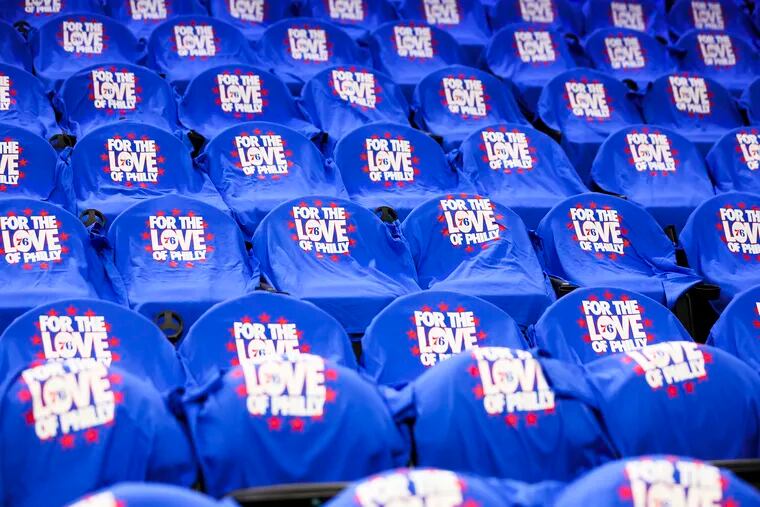 Every Sixers fan at the Wells Fargo Center got a "For the love of Philly" shirt before their team's play-in game against the Miami Heat.