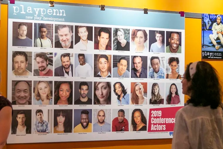 A sign advertising the actors in PlayPenn hung in the lobby of the Proscenium Theatre at the Drake in July 2019.