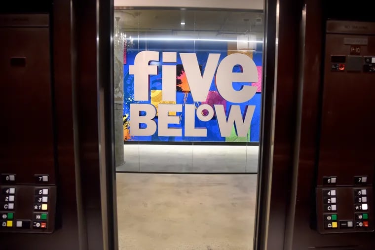 Seen from the elevator, new signage in the new corporate headquarters of Philadelphia-based Five Below in the former Lit Brothers building.
