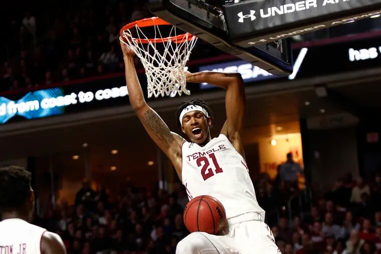 Temple forward Justyn Hamilton dunks against Tulsa in the second half of an American Athletic Conference basketball game Saturday, Feb. 23, 2019, at the Liacouras Center. The Owls went on to win, 84-73. LOU RABITO / Staff.
