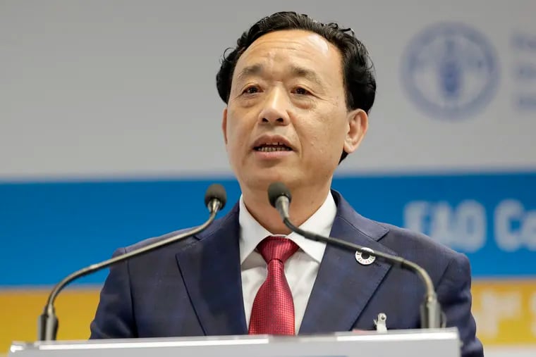 Qu Dongyu from China, one of the candidates for the Director-General position of the FAO (UN Food and Agriculture Organization), addresses a plenary meeting of the 41st Session of the Conference, at the FAO headquarters in Rome, Saturday, June 22, 2019. The new FAO Director-General will be voted on Sunday. (AP Photo/Andrew Medichini)