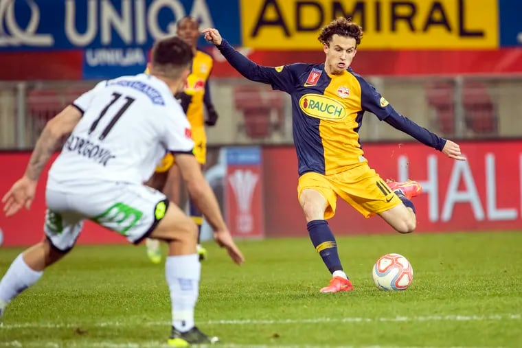 Brenden Aaronson, right, helped Red Bull Salzburg win the Austrian Bundesliga and Cup titles in his first six months since moving there from the Union.