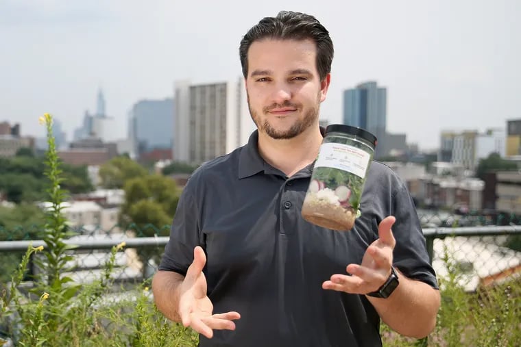 Simply Good Jars founder and CEO Jared Cannon on the green roof of the 1776 coworking space in West Philadelphia where his meals-in-a-jar company is headquartered.