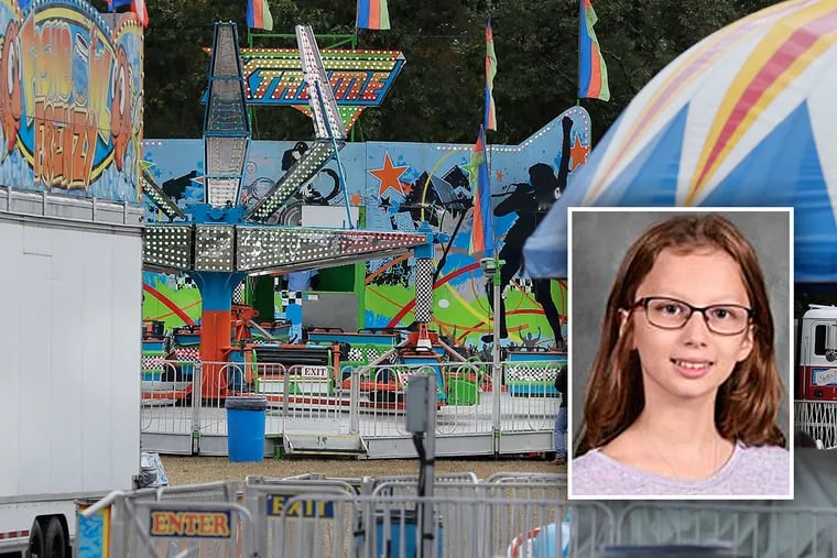 The amusement ride “Extreme” at the Deerfield Township Harvest Festival after 10-year-old Hailey McMullen (inset) was fatally injured when she was ejected from her seat on Oct. 12.