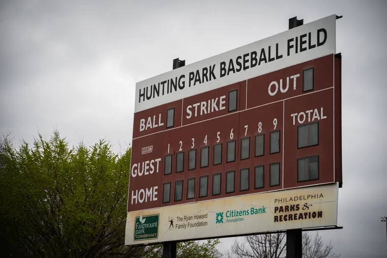 The scoreboard at Hunting Park Baseball Field on March 25.