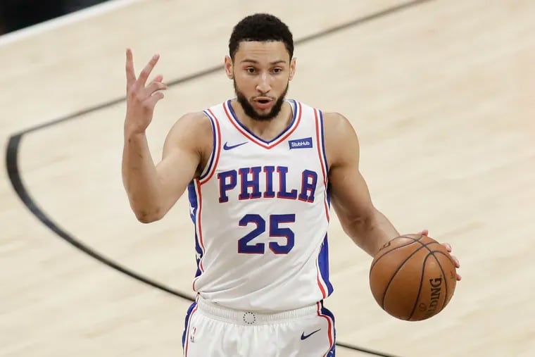 Sixers guard Ben Simmons raises his fingers while dribbling the basketball against Atlanta Hawks in Game 6 of the NBA Eastern Conference playoff semifinals on Friday, June 18, 2021 in Atlanta.