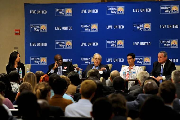 Mayoral hopefuls (from left) Melissa Murray Bailey, Osborne Hart, Jim Foster, Boris Kindij and Jim
Kenney during Tuesday night’s debate, hosted by the United Way and other groups. (TOM GRALISH/Staff Photographer)