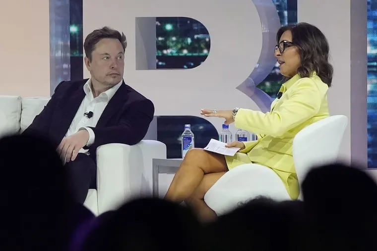 Linda Yaccarino interviews Twitter CEO Elon Musk at the Possible marketing conference on April 18, 2023, in Miami Beach, Fla.