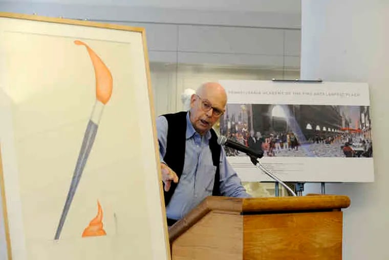 Claes Oldenburg gestures toward a drawing of his planned sculpture at a media gathering. &quot;A paintbrush,&quot; he said, &quot;is a symbol of a type of art that has kind of gone out of fashion.&quot;