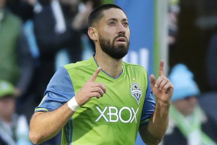 Seattle Sounders forward Clint Dempsey celebrates after he scored a goal against the New York Red Bulls during the first half of an MLS soccer match, Sunday, March 19, 2017, in Seattle.