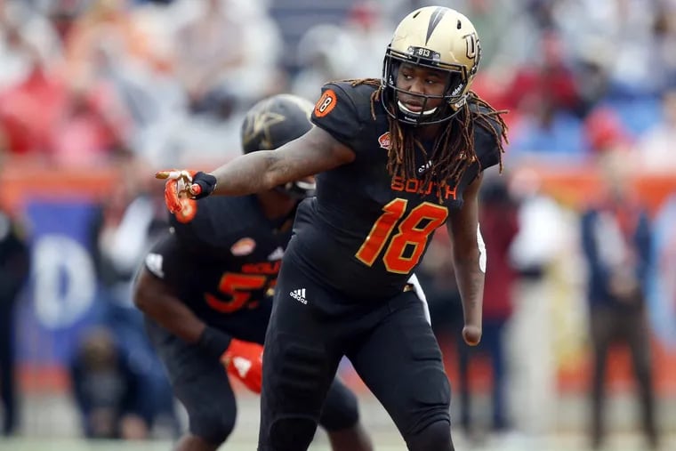 Shaquem Griffin, of Central Florida, gestures during the first half of the Senior Bowl in January in Mobile, Ala,.