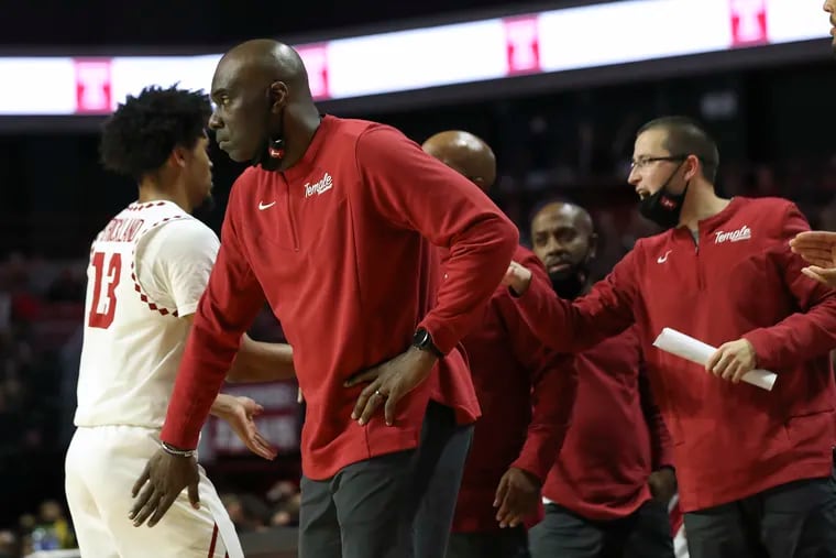 Temple head coach Aaron McKie stood by as guard Tai Strickland exited to the bench in a game against the Maryland-Eastern Shore Hawks at the Liacouras Center in Philadelphia on Nov. 10, 2021.