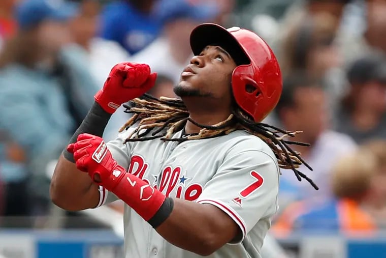 Phillies third baseman Maikel Franco reacts after hitting a two-run home run Sunday against the New York Mets.