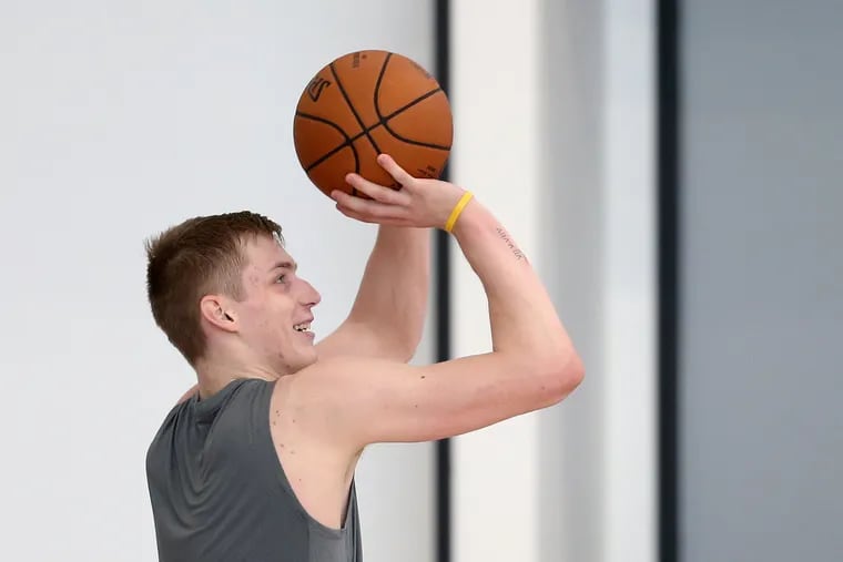 Luka Šamanić of Croatia shoots during a pre-draft workout at the Sixers Training Complex in Camden, N.J., on Thursday, June 13, 2019.