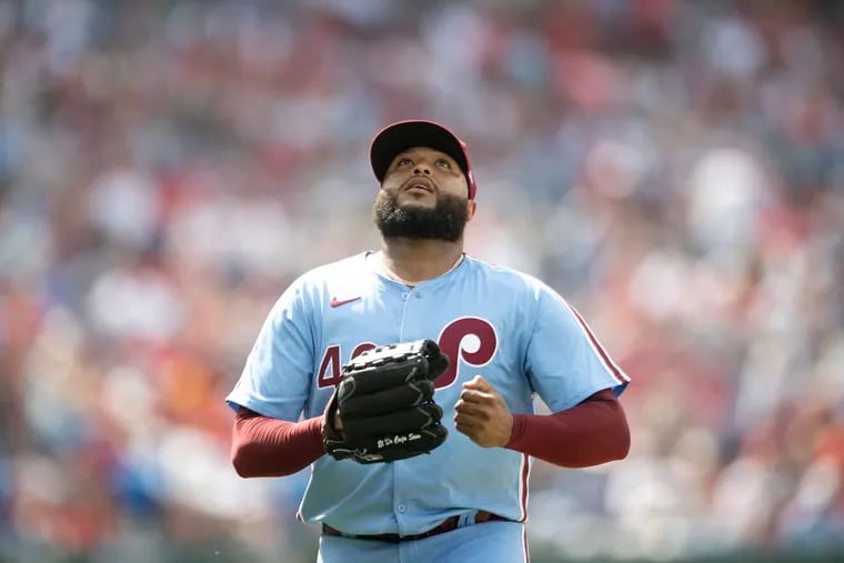 The sky's the limit? Jose Alvarado looks to the heavens after completing an inning during Thursday's Phillies win.