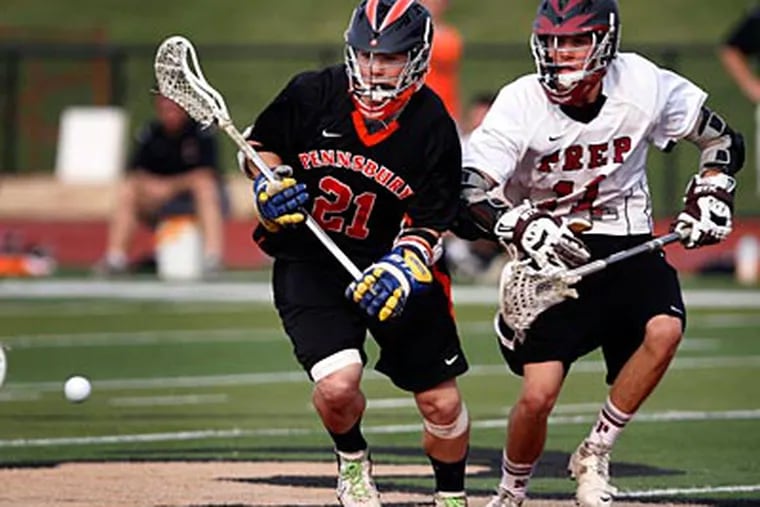 Pennsbury's Josh Caven and St Joseph Jake O'Brien chase a loose ball. (Laurence Kesterson/Staff Photographer)