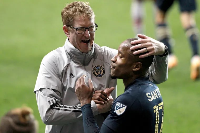 Union manager Jim Curtin, left, would get a big boost this year if striker Sergio Santos, right, can stay healthy and score more goals.