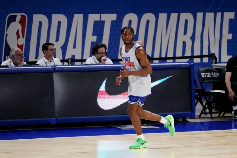 Bronny James participates in a scrimmage during the 2024 NBA Draft Combine on Tuesday.