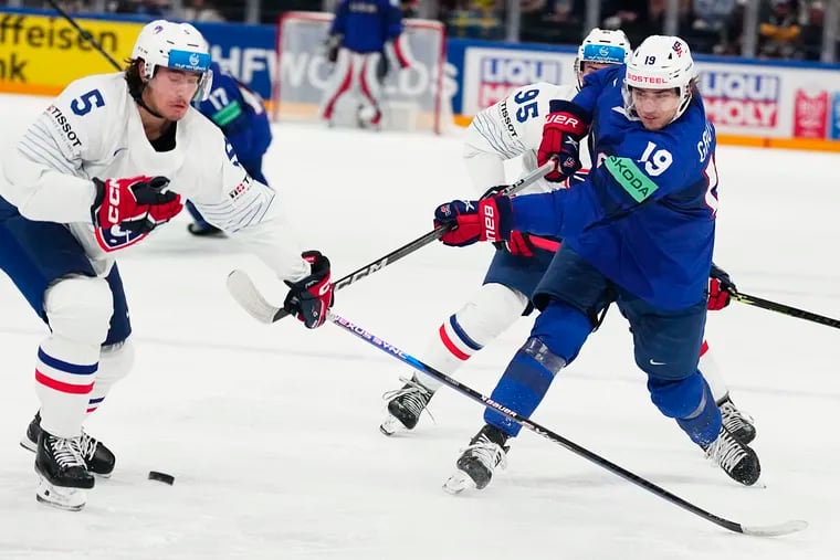 Cutter Gauthier scored a hat trick Sunday for Team USA in a blowout win over France.