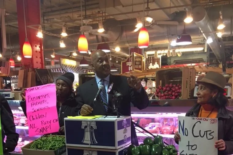 Congressman Dwight Evans speaks at Reading Terminal Market in favor of the Supplemental Nutrition Assistance Program in March 2018.