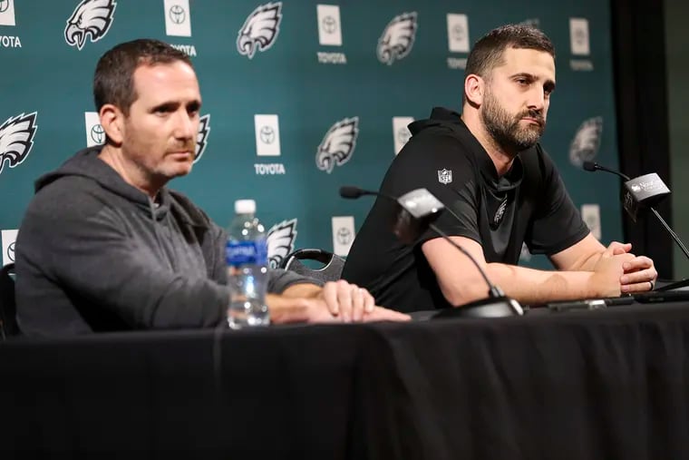 Eagles coach Nick Sirianni (right) and general manager Howie Roseman take questions during a press conference at the NovaCare Complex on Wednesday.