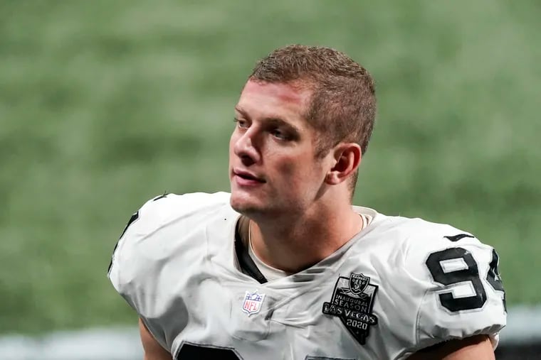 Las Vegas Raiders defensive end Carl Nassib leaves the field after an NFL football game against the Atlanta Falcons in Atlanta. Nassib on Monday, June 21, 2021, became the first active NFL player to come out as gay.