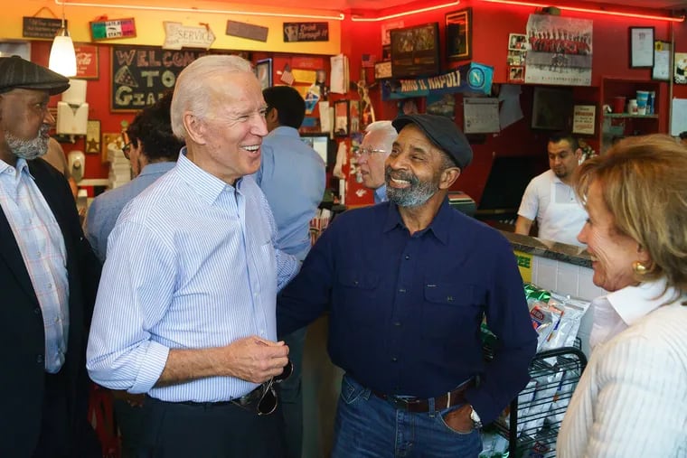 Joe Biden greets diners at Gianni's Pizza with his sister, Valerie Biden Owens (right) in Wilmington, Delaware, April 25, after announcing the launch of his 2020 presidential campaign.