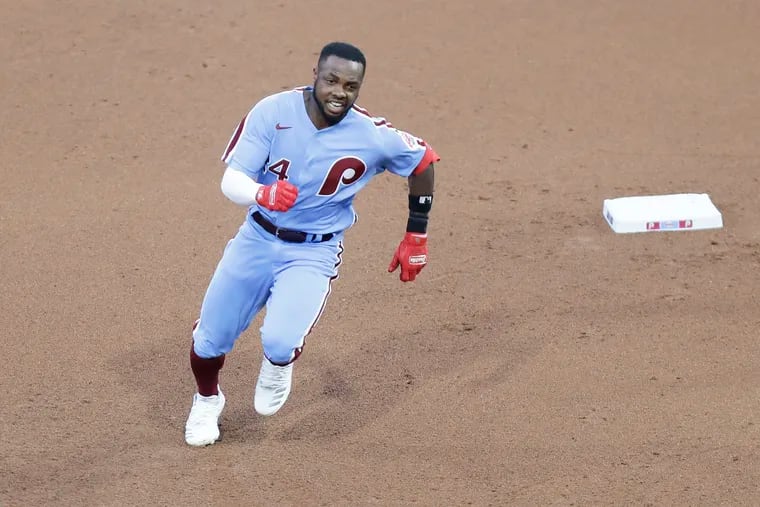 Roman Quinn runs past second base on his way to third after hitting a triple against the New York Yankees on Aug. 6, 2020. Quinn is ranked as the fastest player in baseball.