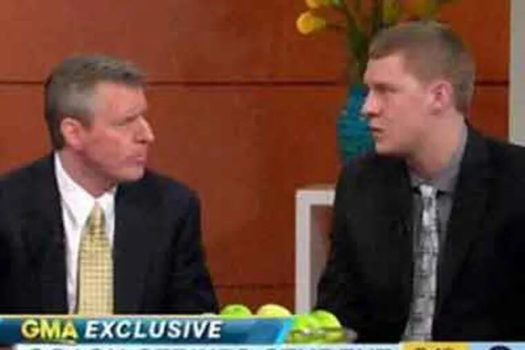 Holy Family basketball coach John O'Connor and the player he pushed to the ground, Matt Kravchuk, told their sides of the incident on Good Morning America. (ABC)