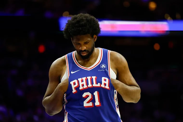 Sixers center Joel Embiid against the New York Knicks during Game 6 of the first round NBA Eastern Conference playoffs on Thursday, May 2, 2024 in Philadelphia.
