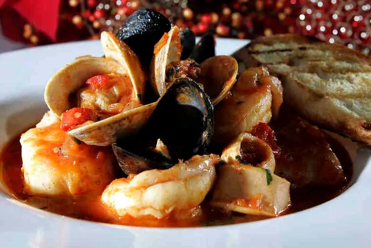 Cioppino has wine-and-garlic-rich tomato sauce, assorted fish and/or shellfish.