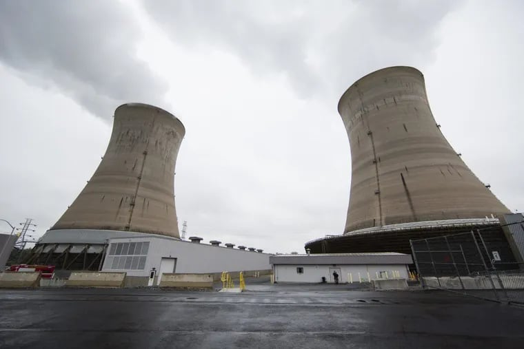 Two cooling towers at the Three Mile Island nuclear power plant in Middletown.