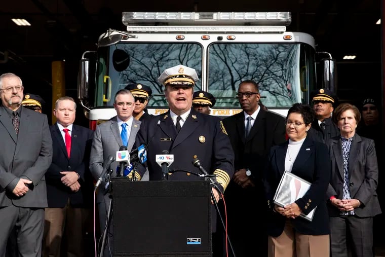 Adam Thiel, Fire Commissioner from the Philadelphia Fire Department, speaks during a press conference outside of Engine Company 8 in Philadelphia, Pa. U.S. Fire Administrator Lori Moore-Merrell announced a national fire strategy during the event.