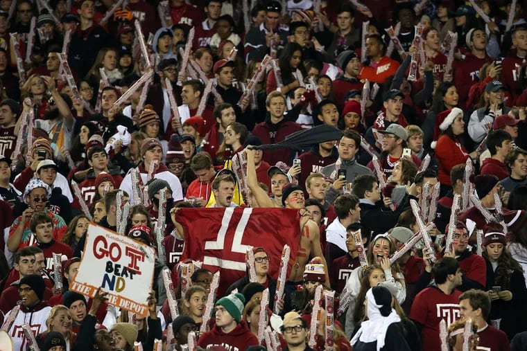 Temple fans root for the Owls in their nationally televised game against Notre Dame at Lincoln Financial Field.