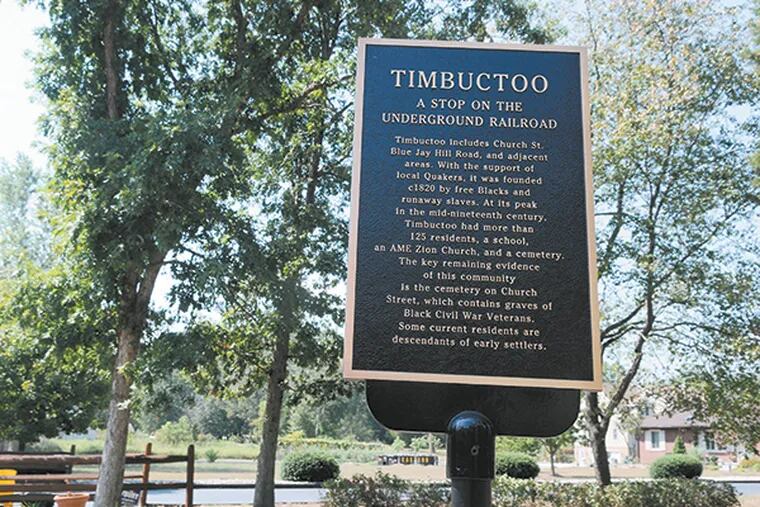 A sign for the Timbuctoo site, pictured Sept. 9, 2010, can be found at the intersection of Church and Rancocas roads. (Sarah J. Glover / Staff Photographer)