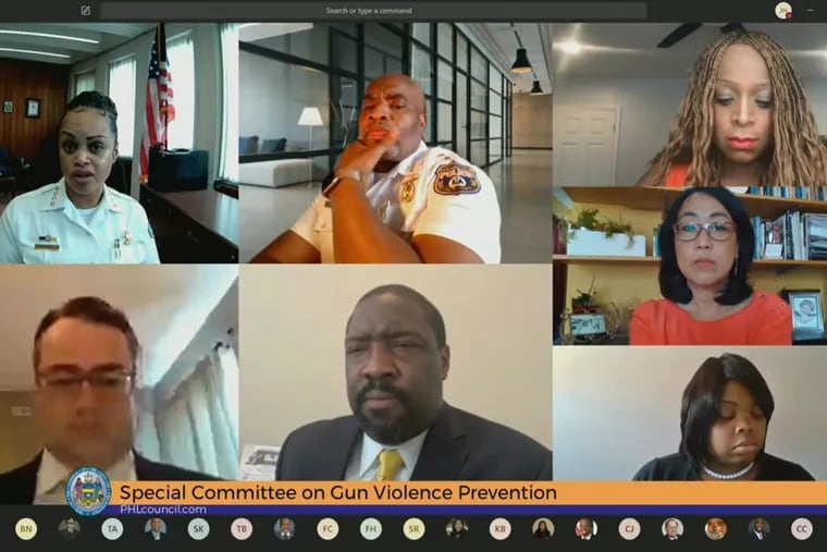 Philadelphia City Council's Special Committee on Gun Violence Prevention held an emergency hearing on Aug. 11, 2020, to address a spike in shootings in the city. Police Commissioner Danielle Outlaw (top left) and Deputy Commissioner Melvin Singleton (top center) were among the officials to testify.