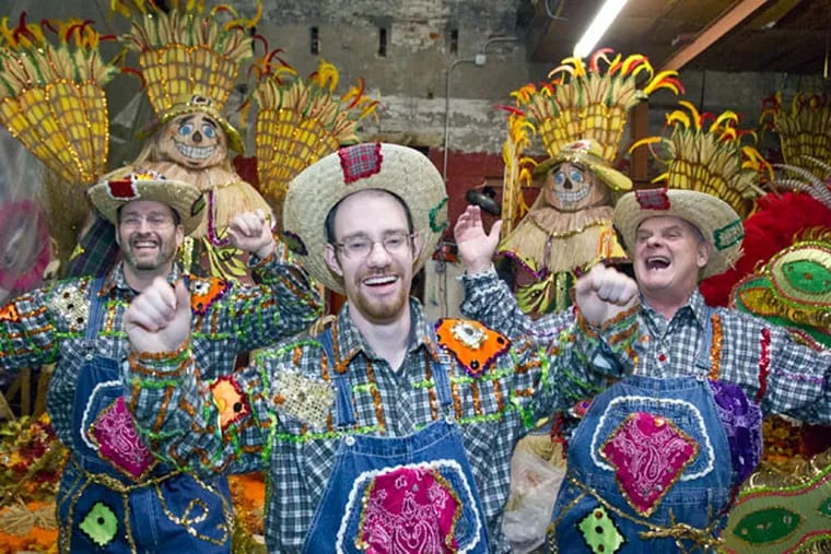 Doug Hoffman (center) always wondered what it would be like to be part of the Mummers Parade. As a resident of Bancroft Lakeside Campus, where he’s been treated for autism, he met a retired member of the Golden Sunrise Fancy Club and posed a question: “Can you make me a Mummer?” (CHARLES FOX / Staff Photographer)