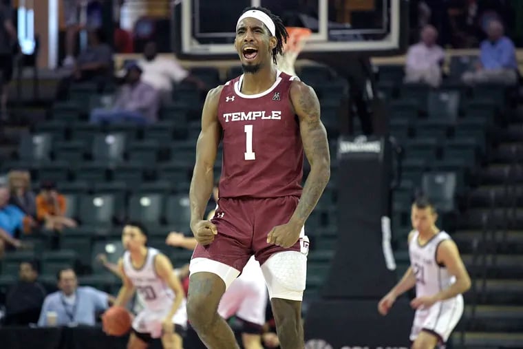 Temple guard Quinton Rose (1) celebrates after scoring against Texas A&M during the second half on Friday.