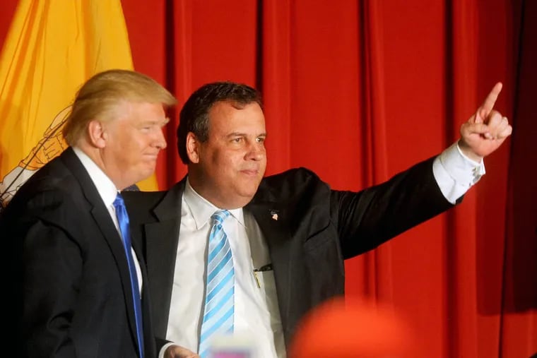 Gov. Christie joins Donald Trump on the stage as the candidate finishes his 30-minute talk in Lawrenceville. “Chris paid off his entire campaign debt tonight,” Trump said.
