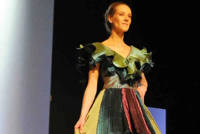 Rachael Crawford's colorful structured gown in taffeta was inspired by the works of Roberto Capucci.