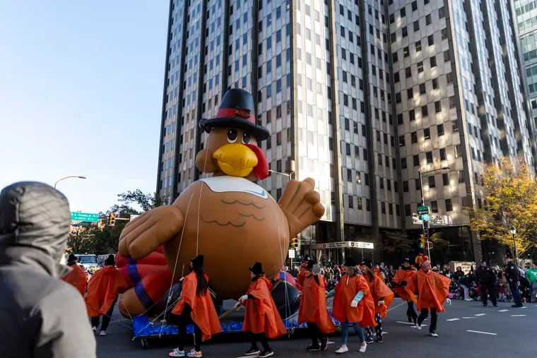 A turkey float at the Thanksgiving Day Parade on Thursday morning.
