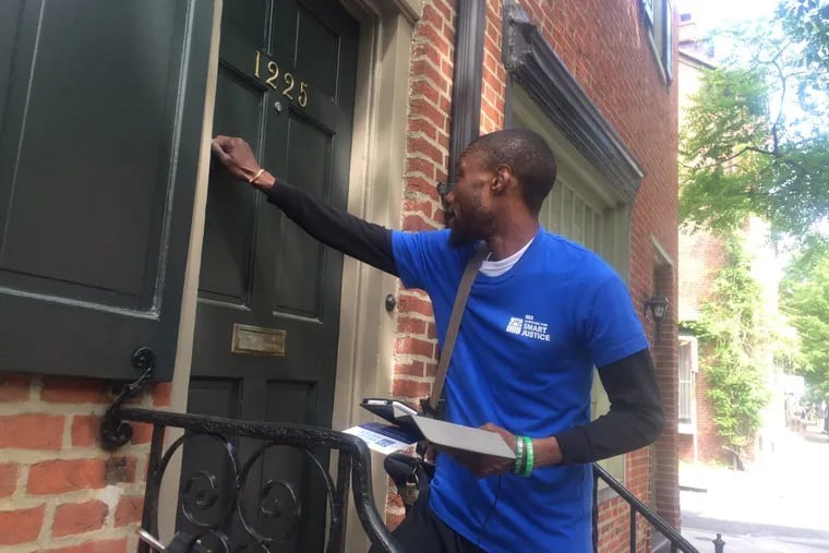 Robert Goode, a canvasser for the ACLU Campaign for Smart Justice, doing voter education and get-out-the-vote work ahead of the Philadelphia District Attorney primary.