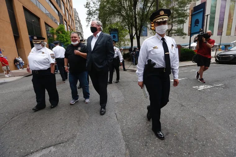 Philadelphia Police Commissioner Danielle Outlaw and other city officials gather outside Thomas Jefferson University Hospital after the shooting of Lieutenant Robert Friel. Friel was shot in his leg in South Philadelphia on Friday.