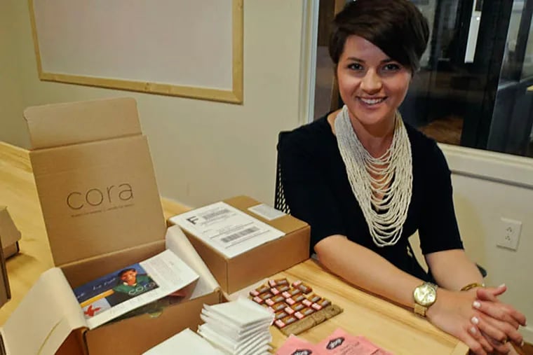 Molly Hayward, of Northern Liberties, founded Cora to provide sanitary pads, tampons tea and other items to help women manage their monthly periods in areas of the world that prove so overwhelming that young women often stay home from school. (RON TARVER/Staff Photographer)