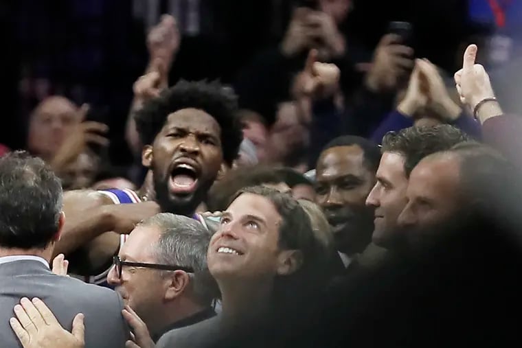 The Sixers' Joel Embiid reacts as he leaves the court after being ejected following the altercation with the Timberwolves' Karl-Anthony Towns.  The Sixers went on to beat Minnesota on Wednesday..