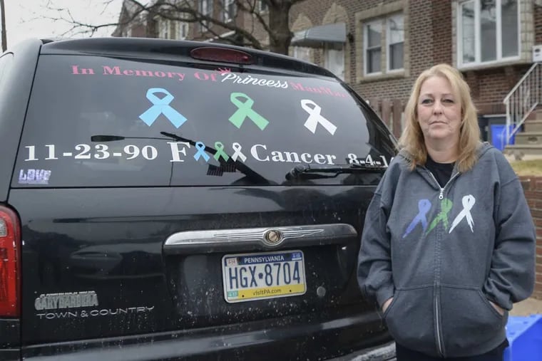 Heather Finnerty O'Neill stands by the van that was broken into on the 4400 block of Vista Street in Mayfair. O'Neill's sweatshirt and van are decorated with remembrances for her daughter Amanda, who passed away in 2014.